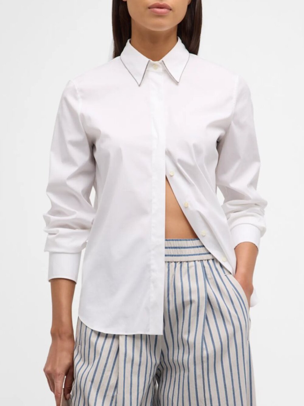 Brunello Cucinelli White Shirt Monili Poplin Button Down Blouse Size 3XL New Tag